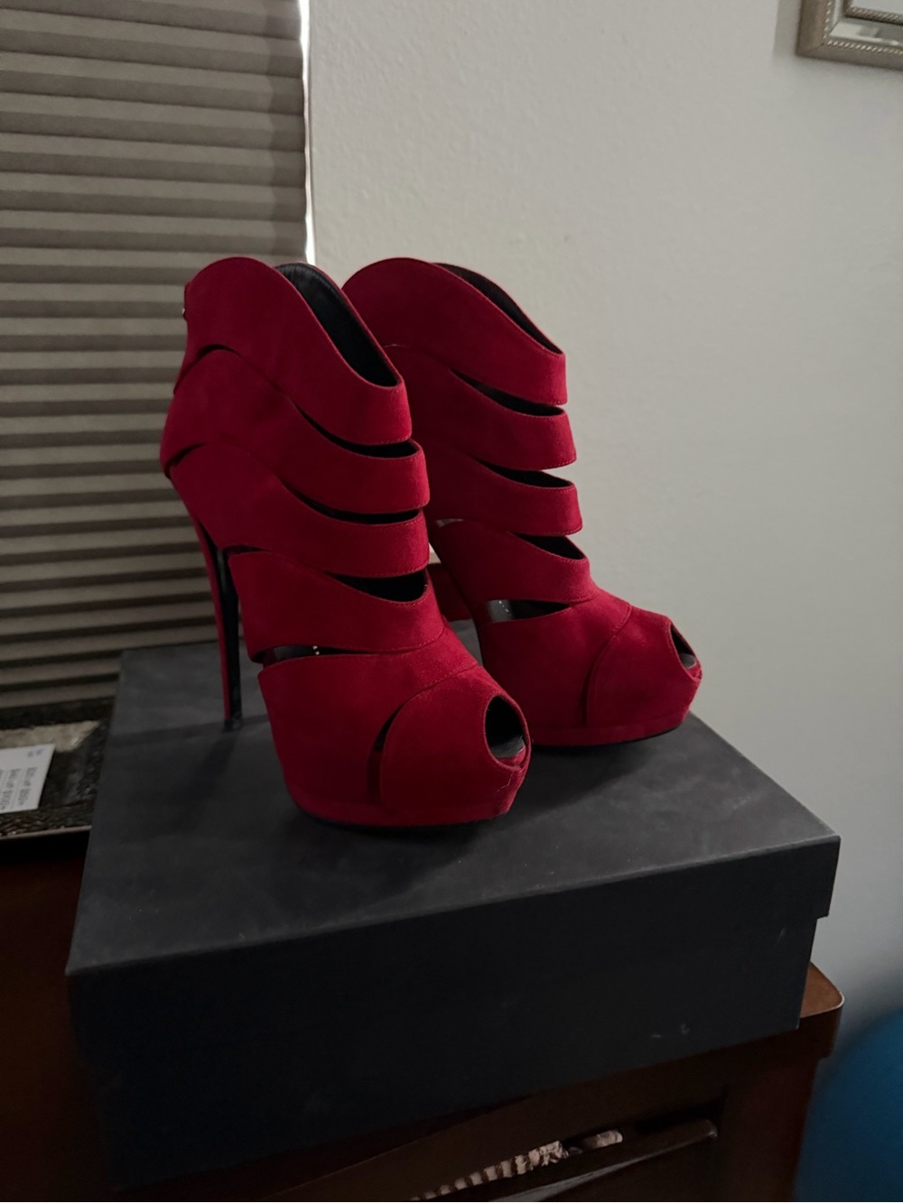 Zanotti Red Suede Peep-Toe High Heel Booties for Women